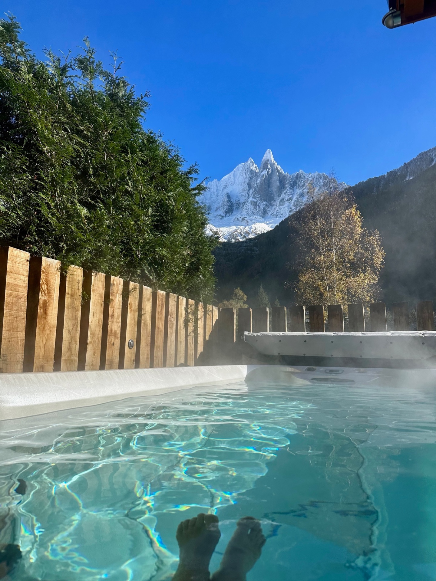 Outdoor heated swim-spa looking out across the valley to snow-capped Chamonix peaks