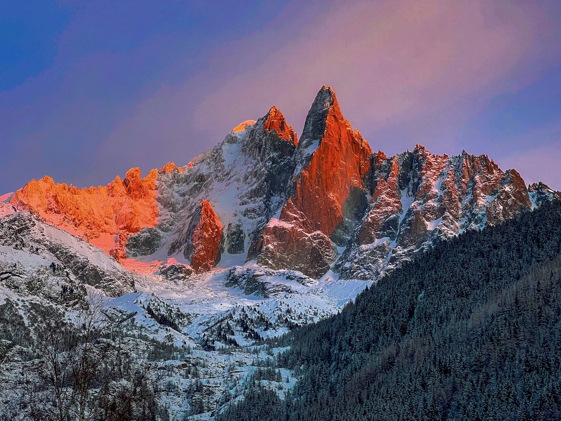 Mont Blanc massif glowing at sunset from the chalet terrace